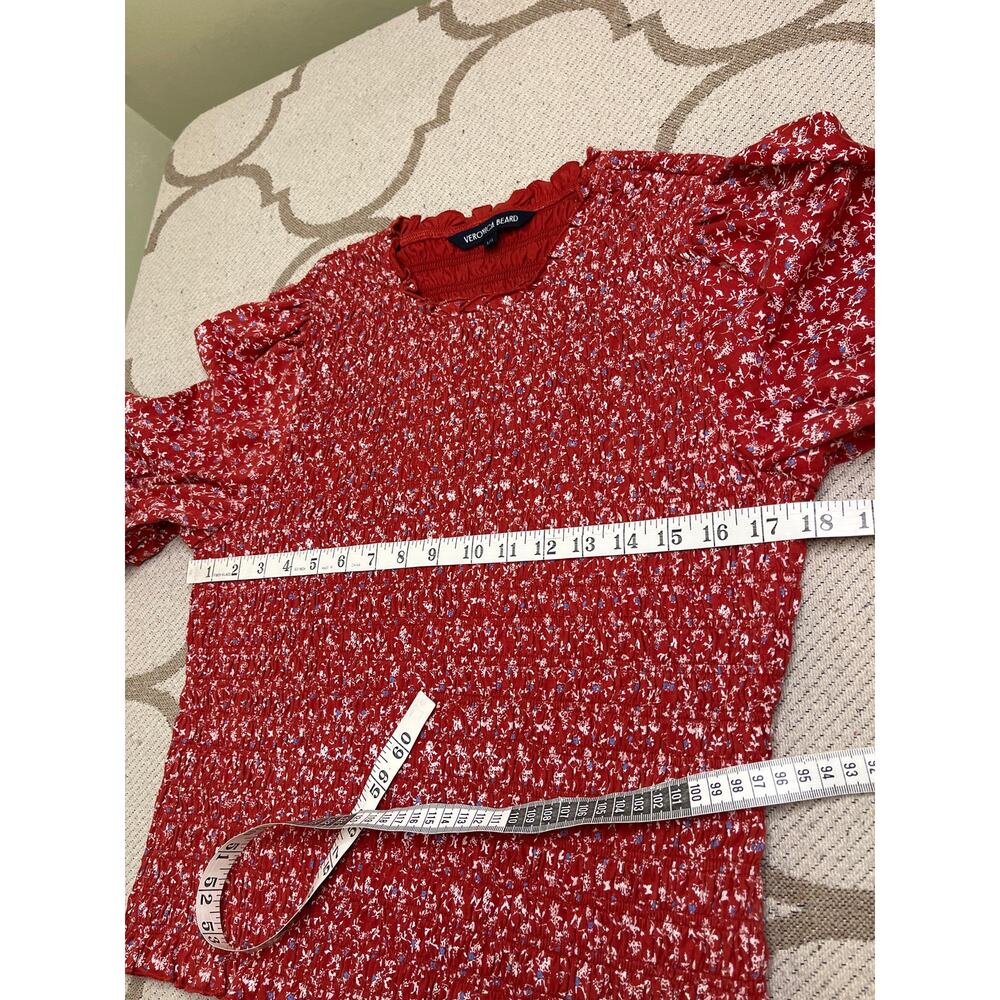 Veronica Beard Red Floral Smocked Puff-Sleeve Top - Picture 6 of 12